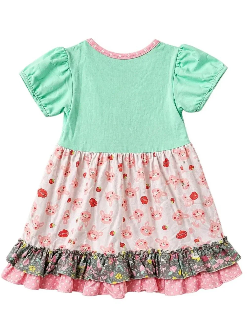 Adorable Mint Pink Ruffle Cute Bear Cotton Short Sleeve Dress